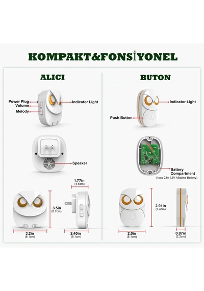 Techtic 1buton 1alıcı Kablosuz Kapı Zili Baykuş Şekilli Beyaz