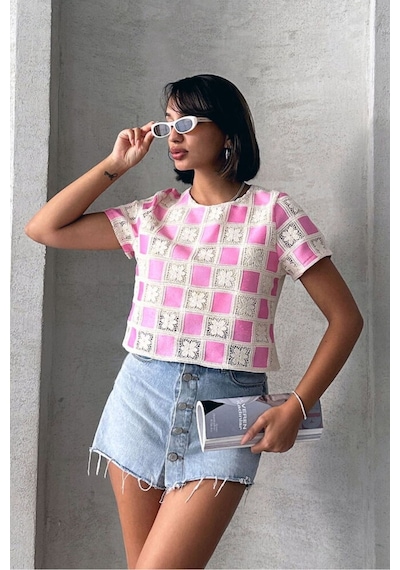 Verymoda Kısa Kollu Dama Desen Tiğişi Bluz D2619 Ham Pembe