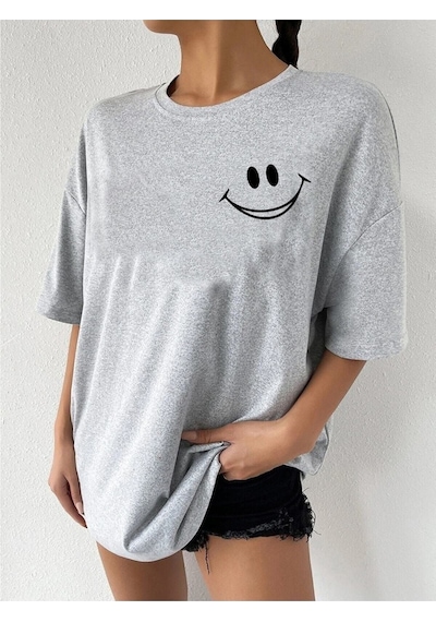 Smile Grafik T-shirt - Gri Baskılı Oversize Bisiklet Yaka Kısa Kol Tişört Gri