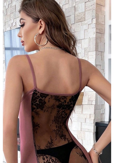 Ang Butik Kadın Pudra Sırt Kısmı Komple Dantelli Mini Gecelik