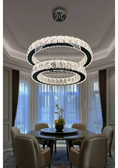 2 Katlı Daire Kristal Taşlı Modern Led Avize Salon Avizesi Renkli