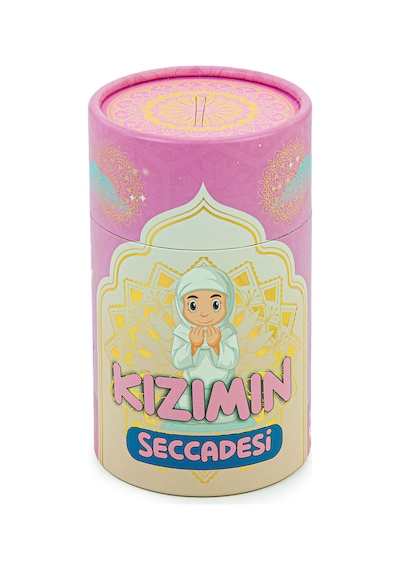 Silindir Kutulu Tesbihli Dijital Baskılı Kız Çocuk Seccadesi Seti Pembe