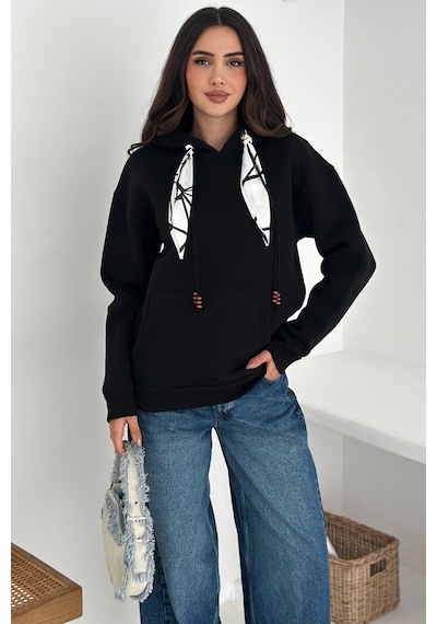 Noa & Noa Kadın Fular Detaylı Kapüşonlu Sweatshirt Casual Charm Siyah