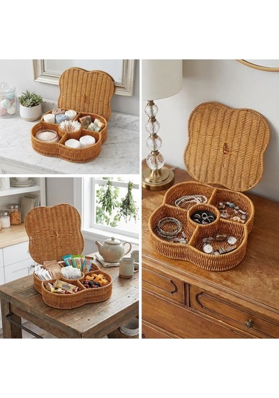 Kılıf Kapaklı 5 Bölmeli Plastik Rattan Organizer Kutu Hasır Desenli Çok Amaçlı Saklama Ve Sunum Sepeti Çerezlik