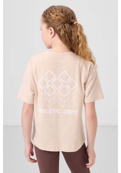 Bej Pamuklu O Yaka Oversize Fit Baskılı Kız Çocuk T-shirt - 75178 Bej