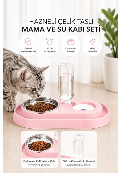 Tr Hazneli Kedi-köpek Mama Ve Su Kabı Seti 500ml Pembe