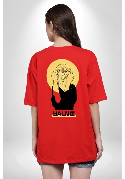 Yalnız Kadına Şiddete Hayır Kırmızı Oversize Unisex Ön Ve Sırt Baskılı Tişört Kırmızı