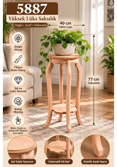 5887 Yüksek Lüks Saksılık 77 Cm Cilasız Ham Ahşap Dekoratif Çiçeklik Standı, Boyanabilir Yuvarlak Saksı Sehpası 40x40x77 Cm Diğer