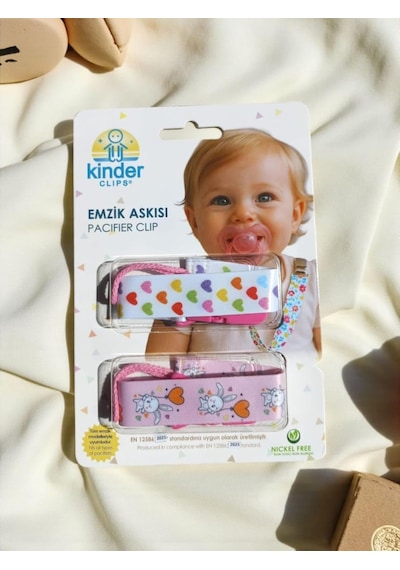2'li Pembe Tavşan Ve Renkli Kalp Desenli Plastik Klips Emzik Askısı Genel