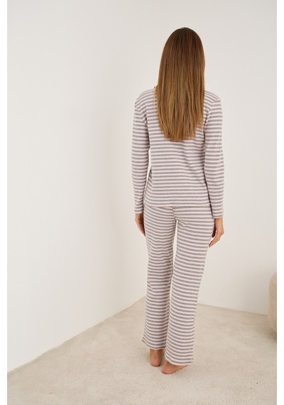 Siyah İnci Fırçalı Soft Fitilli Kaşkorse Hırka Pijama Takım Pembe Gri