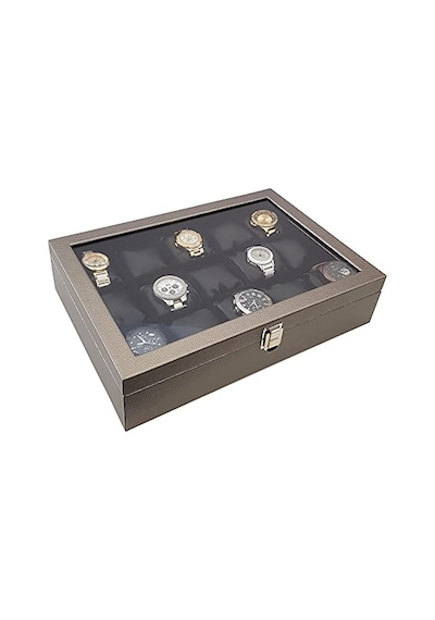 15 Li Diamond Gri Deri Ahşap Camlı Saat Kutusu St15-59