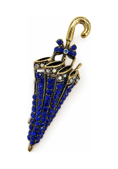 Safir Mavi Taşlı Şemsiye Kadın Broşu Vintage Tasarım Kristal Taşlı Broş Açık Gri