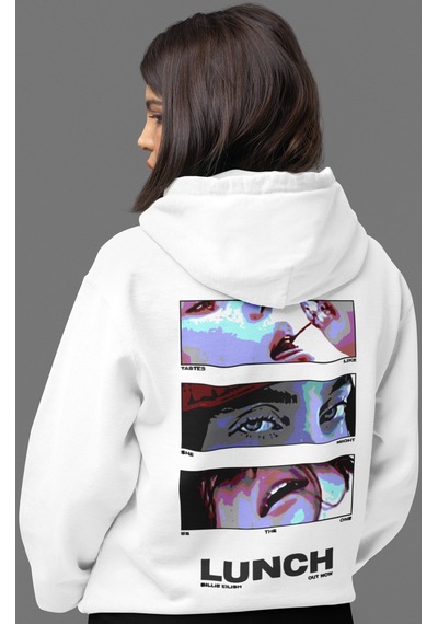 Sevbano Billie Eilish Lunch Şarkıcı Sırt Baskılı Unisex Oversize Penye Ho beyaz