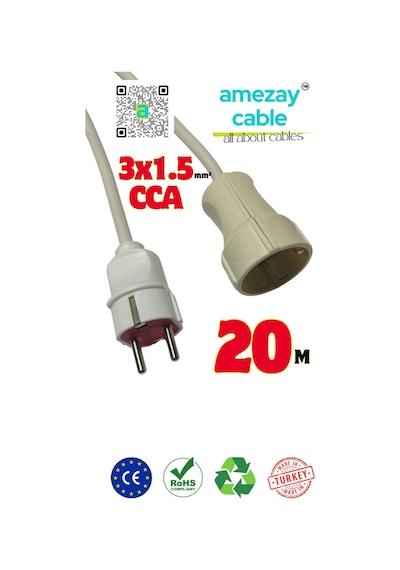 20 Metre Uzatma Kablosu Tek Prizli Cca 3x1.5mm² Tamir Bakımda Yardımcı Amezay Cable 20 Metre