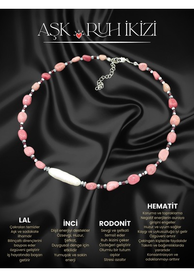 Sertifikalı İnci, Rodonit, Lal Garnet Ve Hematit Doğal Taşlı Rodyum Kadın Kolye Pembe