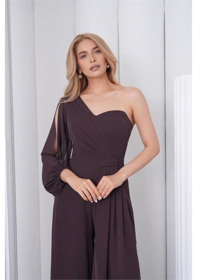 Neşeli Butik Kadın Kahverengi Tek Kol Astarlı Tül Kumaş Tasarım Abiye Tulum Nbs9389