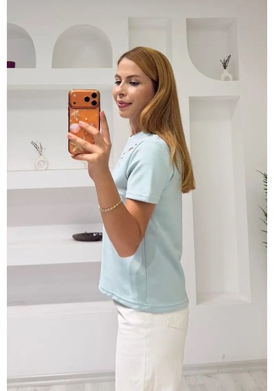 Fiolin Soft Touch Modal Kumaş Nakışlı Lazer Kesim T-shirt Mint Yeşili