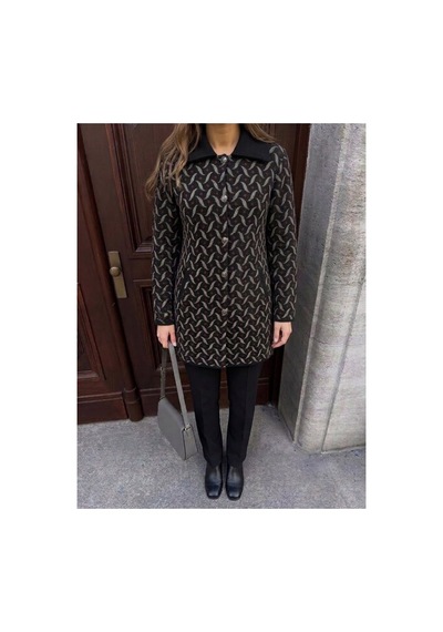 Onno Style Women Desenli Çelik Örgü Uzun Triko Kadın Kaban Siyah
