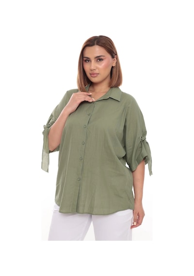 Lady Majestic Cotton Büyük Beden Kadın Pamuklu Gömlek Rahat Kesim, Düğmeli, Volan Kol Detaylı Haki Lady Majestic Cotton Büyük Beden Kadın Pamuklu Gömlek Rahat Kesim, Düğmeli, Volan Kol Detaylı Haki