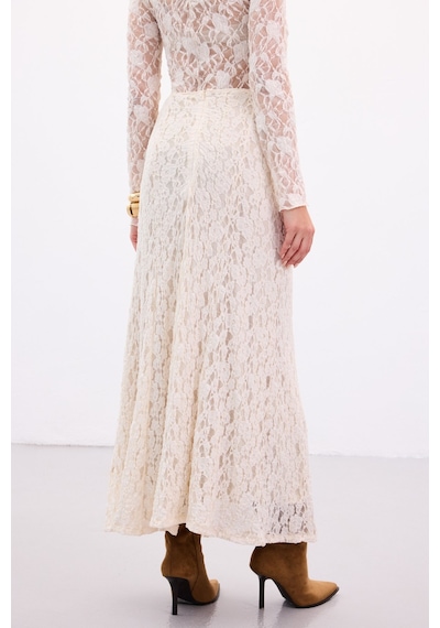 Sateen Dantelli Uzun Etek - Bej-136892 Bej