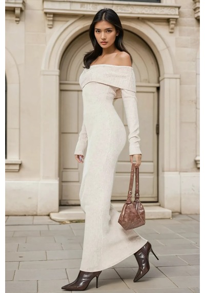 Hiccup Omzu Açık Bodycon Ribana Maxi Elbise Natural