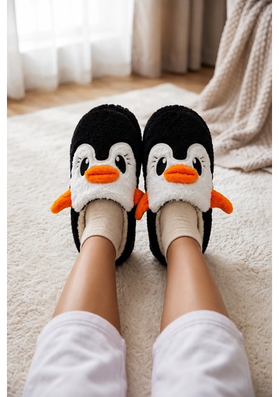 Stwenn Kadın Peluş Ev Terliği Penguen Desenli Kışlık Sıcak Tutan Kapalı Burun Yumuşak Tabanlı Rahat Pandufu Siyah Stwenn Kadın Peluş Ev Terliği Penguen Desenli Kışlık Sıcak Tutan Kapalı Burun Yumuşak Tabanlı Rahat Pandufu Siyah
