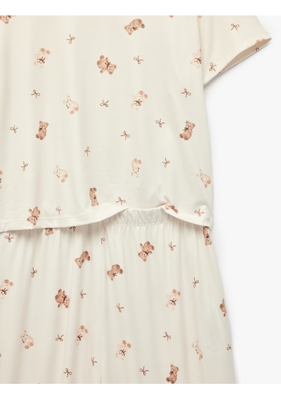 Koton Rahat Kalıp Bisiklet Yaka Kısa Kollu Baskılı Pijama Takımı Bej Desenli 7wlk40109mk