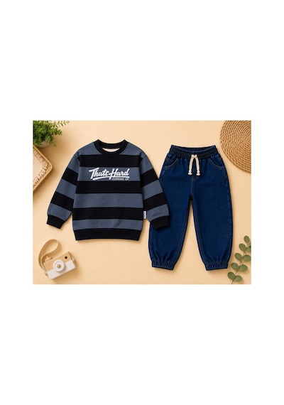 Minaminokids Erkek Çocuk Çizgili Sweatshirt Ve Kot Pantolon İkili Takım Siyah