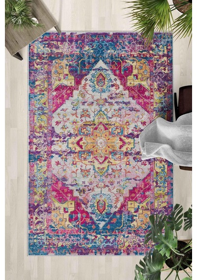 Kaymaz Taban Yıkanabilir Halı Mutfak, Salon, Yatak Odası İçin Modern Dijital Baskı Halı Slnhalı33 - 0115 Çok Renkli