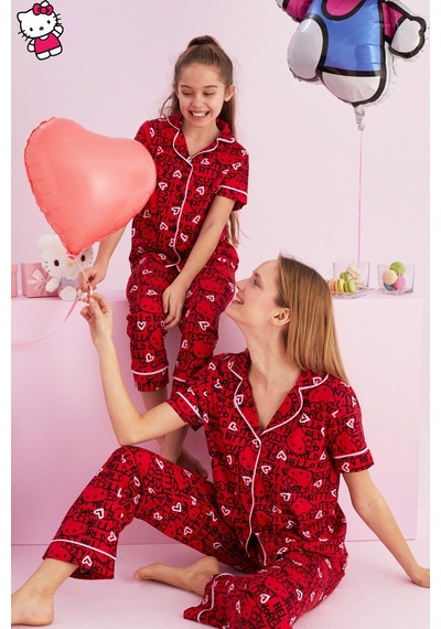 Siyah İnci Lisanslı %100 Pamuk Çok Renkli Düğmeli Biyeli Pijama Takım Hk058 Kırmızı