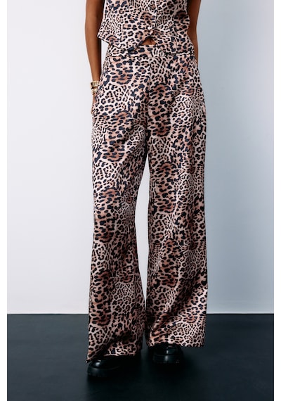Sateen Leopar Desenli Saten Pantolon - Vizon-135184 Vizon