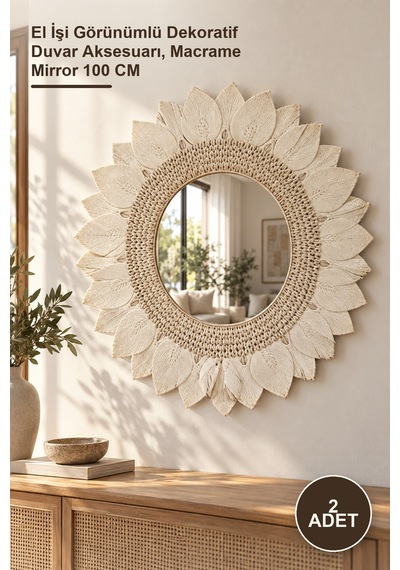 2 Adet Makrome Duvar Aynası El İşi Görünümlü Dekoratif Duvar Aksesuarı, Macrame Mirror 100 Cm