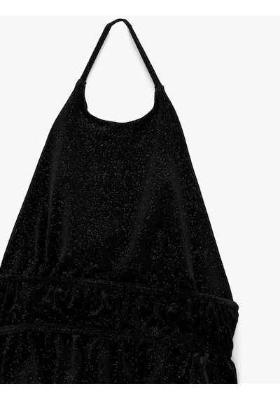 Koton Sırt Dekolteli Halter Yaka Simli Kadife Bluz Siyah 6wak10368ek Siyah