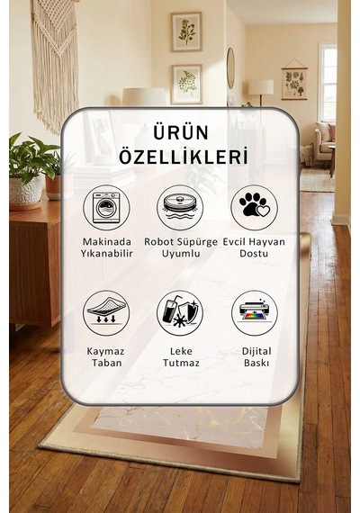 Manifesto Dijital Baskılı Kaymaz Yıkanabilir Yolluk Bej
