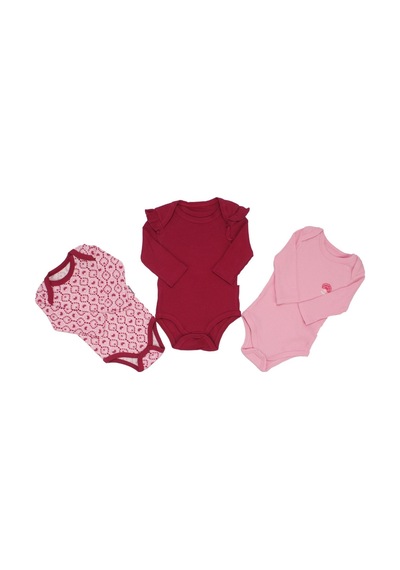By Bebekodam Kız Bebek Fuşya Pembe Omuzları Fırfırlı Kalp Desenli 3'lü Zıbın Set