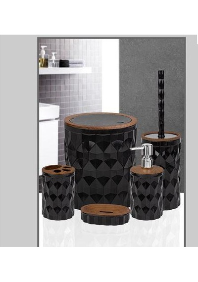 Kosova Banyo Seti 5'li Kare Ahşap Desenli Siyah Plastik Oky-1308 Dmd-11 Siyah-ahşap