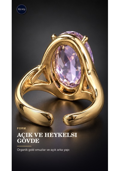 Riody Aube Violette Gold Kaplama Doğal Lila Kedi Gözü Taşlı Açık Form Kadın Yüzük Altın Sarısı