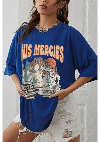 Uyguntarz Unisex His Mercies Baskılı Oversize Tshirt Mavi
