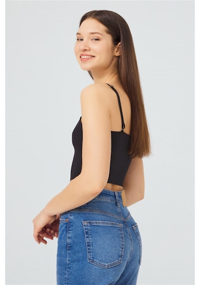 Cottonhill Siyah Ayarlanabilir İnce Askılı Lazer Kesim Kadın Crop Büstiyer