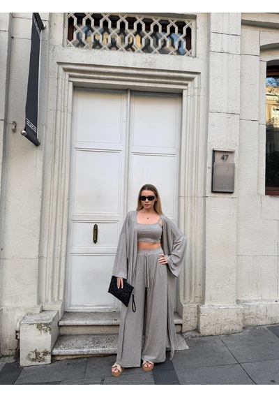 Bonacosa Kadın Viskon 3 Lü Takım Kimono + Beli Lastikli Salaş Pantolon + Crop 8 Renk Vizon