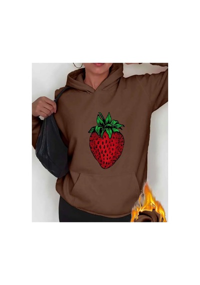 Herkesemoda Çilek Baskı Detaylı Kapüşonlu Sweatshırt Kahverengi