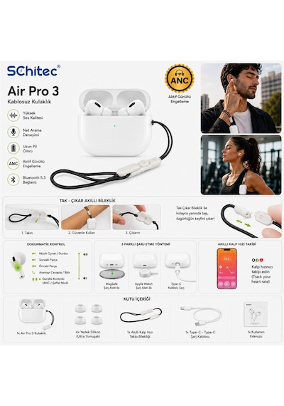 Schitec Air Pro 3 Anc Bluetoothlu İos Android Uyumlu Aktif Gürültü Engelleme Mikrofonlu Beyaz Kulaklık