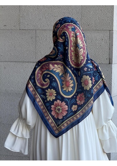 Qalortex Scarf Pamuklu Vintage Desen Eşarp-lacivert
