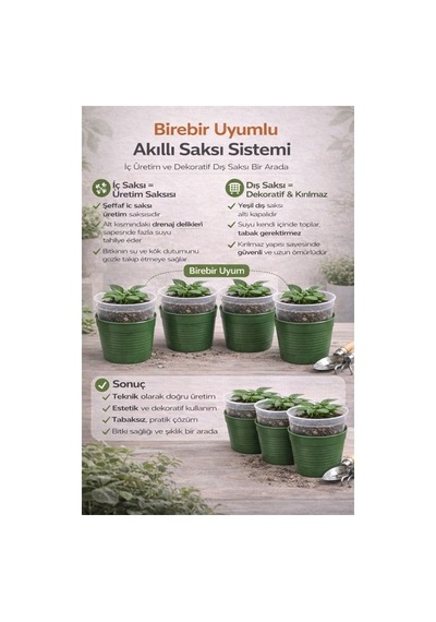 Hüskon Ticaret 4 Adet Dekoratif Dış + 4 Adet Iç Saksı Akıllı Saksı Seti 1,8 Lt