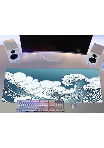 Porge Gamer Mouse Pad 90x40 Mouse Pad Xxl Büyük Oyuncu Mousepad Blue Wave, 90x40 Cm 3mm Kalınlık