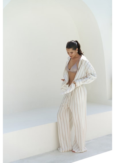 Mai Collection Mai Studios Co. Priskiana Bağcıklı Vizon Pantolon Gömlek Takım Vizon
