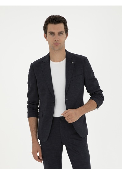 Cacharel Koyu Lacivert Slim Fit Mikro Desenli Yün Karışımlı Ceket