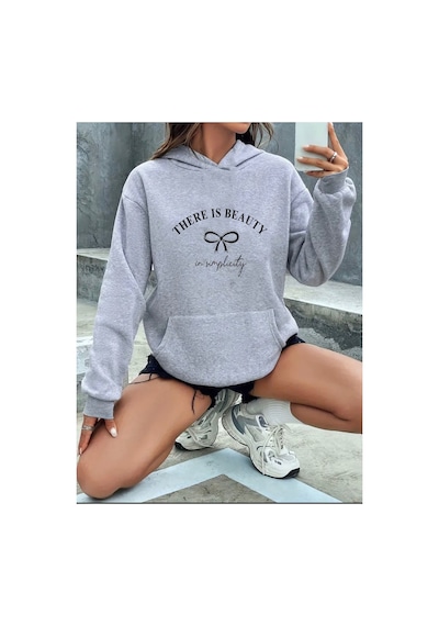 Herkesemoda There İs Beauty Baskılı İçi Polarlı Kapüşonlu Sweatshirt Gri