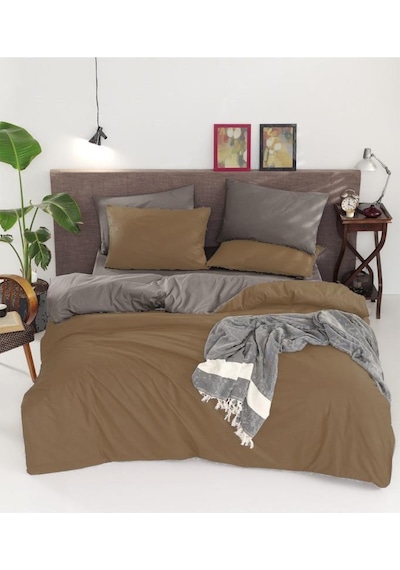 Natural Çift Taraflı Çift Kişilik Nevresim Takımı Kahve Gri Gri