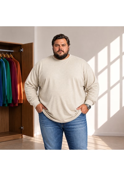 Sngl Tekstil Erkek Büyük Beden Oversize 20/1 Penye Uzun Kollu Sweatshirt Ekru